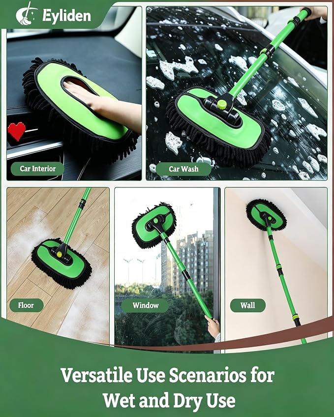 Eyliden Car Wash Brush Mop with Long Handle, 90° Swivel Head with 45° Angle Lock, 2 Scratch-Free Microfiber Heads, Car Detailing Kit for Car Truck RV, Green & Black