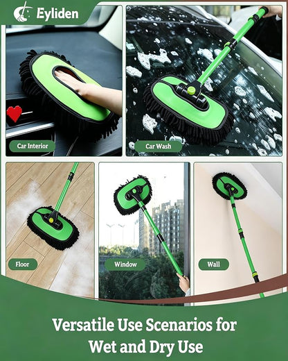 Eyliden Car Wash Brush Mop with Long Handle, 90° Swivel Head with 45° Angle Lock, 2 Scratch-Free Microfiber Heads, Car Detailing Kit for Car Truck RV, Green & Black