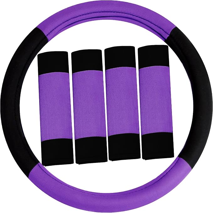 FH Group Car Seat Covers Combo Full Set with Carpet Floor mats Steering Wheel Cover and Seat Belt Pads- Universal Fit for Cars Trucks and SUVs Purple