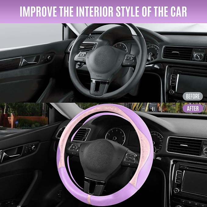 PIC AUTO Steering Wheel Cover, Pink Patterned & Light Purple Leather Patchwork Design, Universal Fit 14.5"–15.5", Anti-Slip, Soft PU Grain Leather, Durable Grip Car Accessory for Girls & Women
