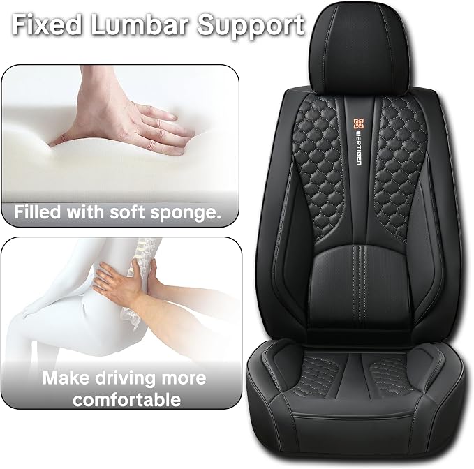 Black Car Seat Covers, Suitable for SUVs, Pickups, and Sedans, 5-Piece Complete Set, Automotive Interior Accessories, Waterproof Leather, with Lumbar Support, Airbag Compatible, Non-Slip