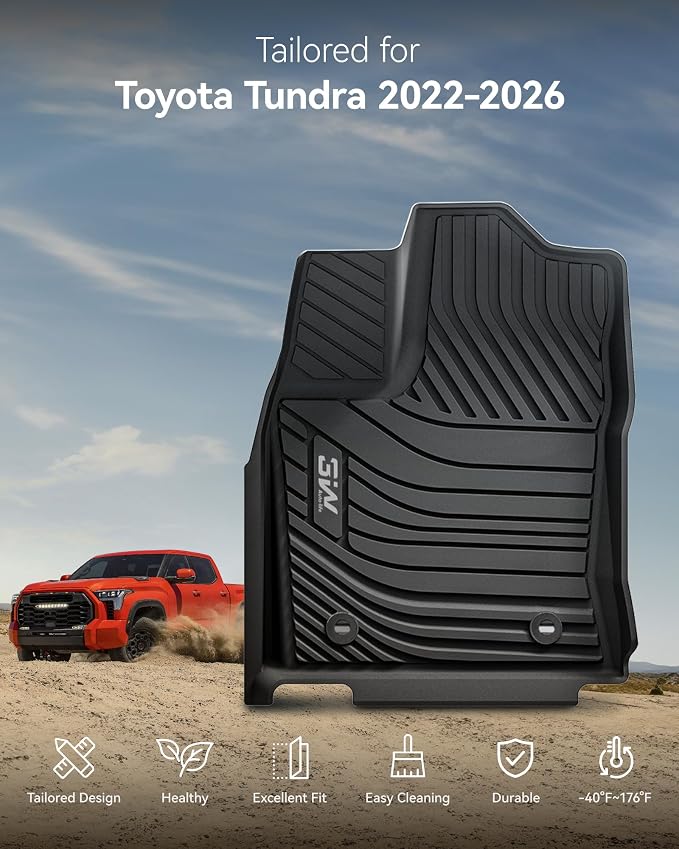 3W Floor Mats Fit 2022-2026 Toyota Tundra CrewMax Cab, TPE All Weather Custom Fit Floor Liner for Tundra SR/SR5/TRD PRO/Limited/Platinum/Castone Accessories Car Mats Easy Clean