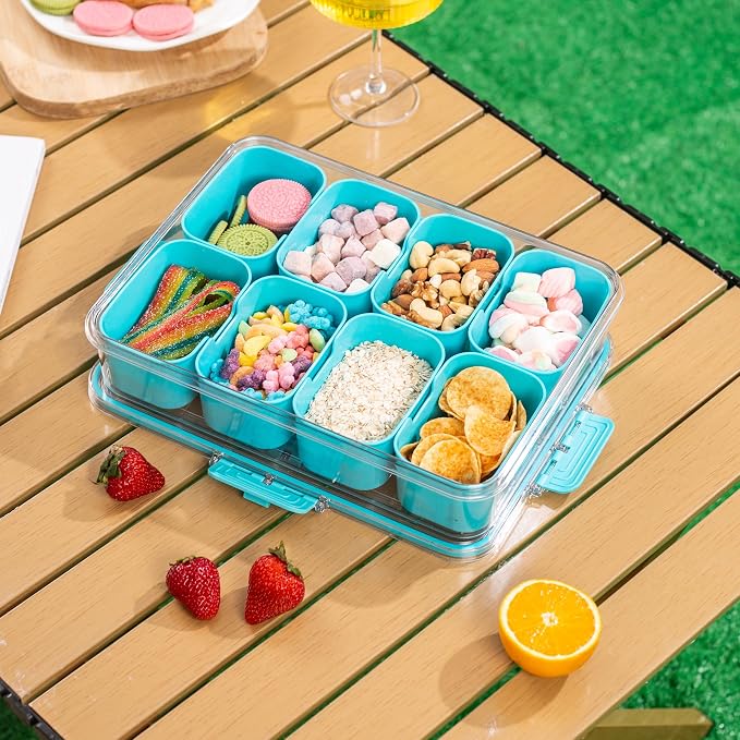 WACOI Divided Snack Serving Tray with Lid and Handle Travel Snackle Charcuterie Container Portable Storage Organizer for Candy, Fruits, Nuts, Snacks, Party, Picnic (1pack, Lake blue)