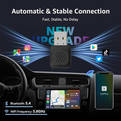 Wireless CarPlay Adapter, Smallest Mini Edition, Converts Wired to Wireless CarPlay, Plug & Play Adapter, Compact Design for Apple iPhone iOS 10+ with USB/USB-C Port