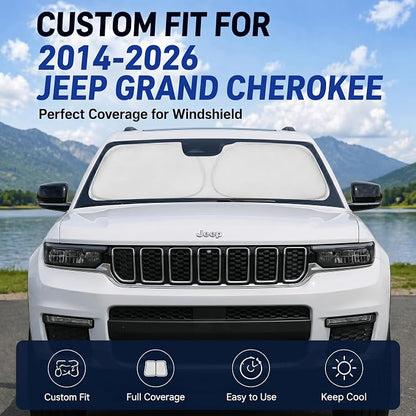 Custom Fit Windshield Sun Shade for Jeep Grand Cherokee 2014-2026 | Custom Fit Windshield Cover, Blocks UV Rays, Double-Layer Heat Shield, Durable Frame, Easy Fold & Storage