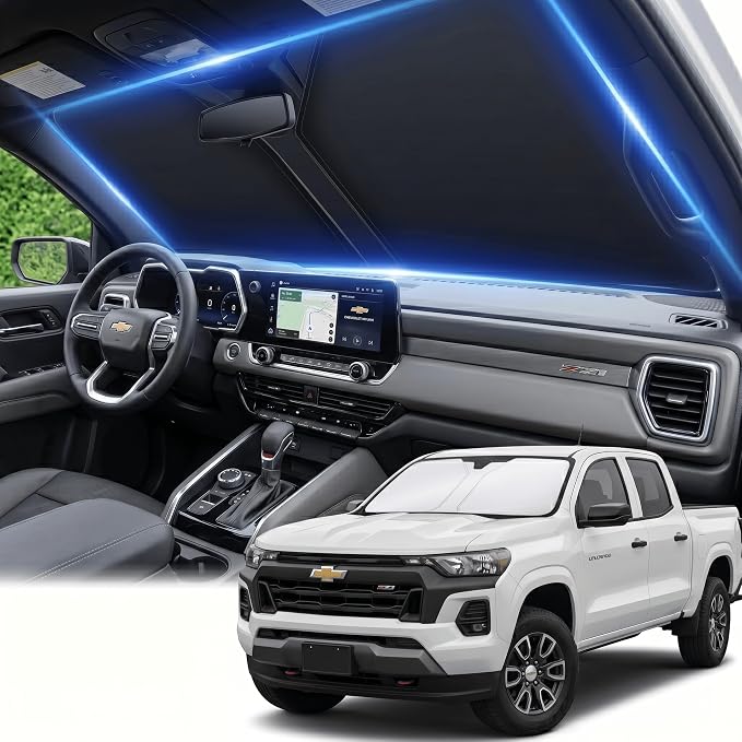 Windshield Sun Shade for Chevy Colorado 2015-2024 2025 2026 Sunshade Front Window Shade Custom Fit Colorado Accessories Sun Visor Foldable Shade Blocks UV Rays Accessories