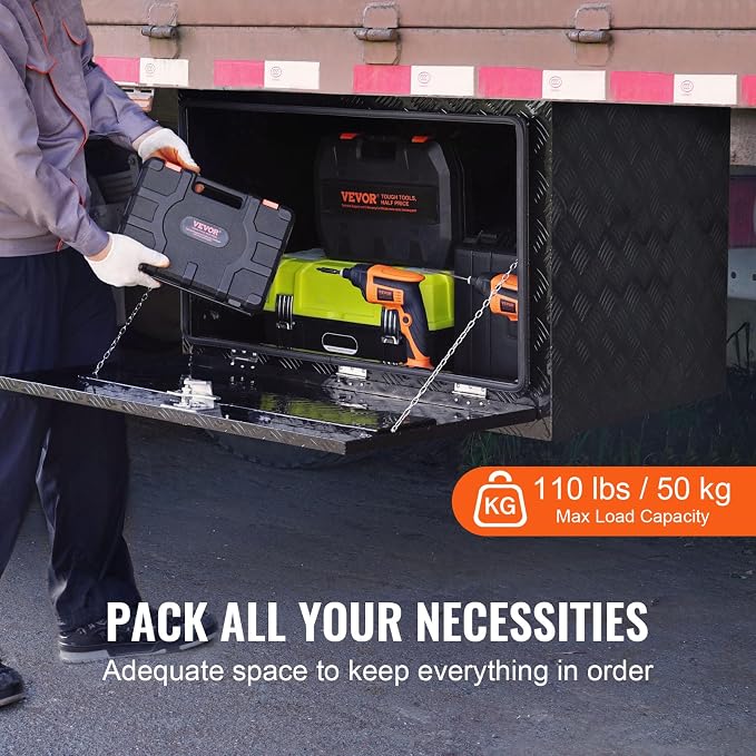 VEVOR Underbody Truck Box, 48"×17"×18" Pickup Storage Box, Heavy Duty Aluminum Diamond Plate Tool Box with Lock and Keys, Waterproof Trailer Storage Box with T-Handle Latch for Truck, Van, Trailer