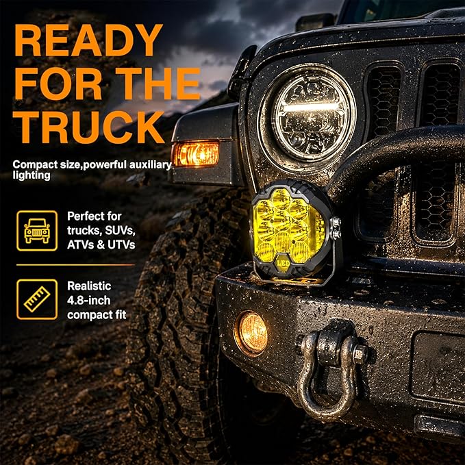 LIGBT 2PCS 7 Inch Yellow Round Side Shooter Offroad Fog Lights Amber DRL 90W 3 Modes 270° Wide Range Super Bright LED Pods Light Kit for Pickup Truck ATV UTV SUV with Wiring Harness