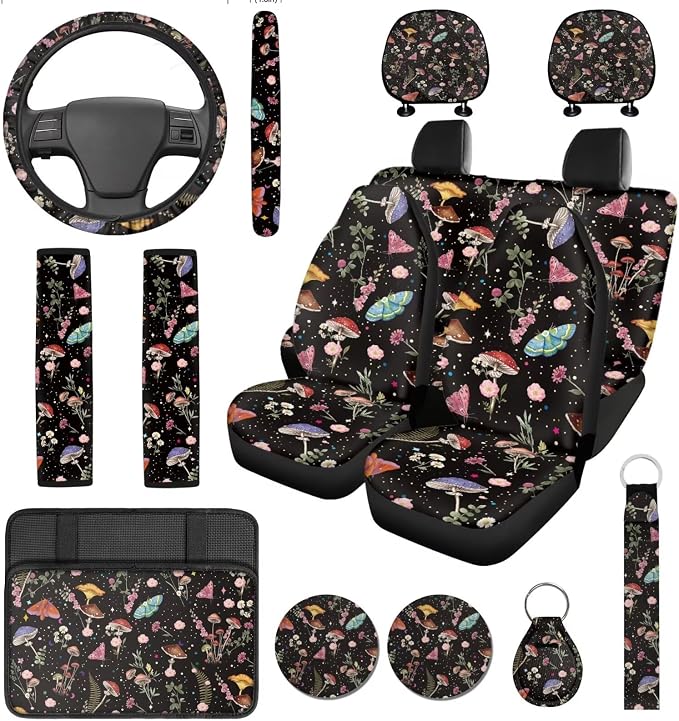 14 Pcs Mushroom Car Seat Cover Set for Women,Auto Steering Wheel Cover Armrest Cushion Protector Seat Belt Covers,Mushroom Butterfly Car Accessories Set Universal Fit Cars SUV Trucks
