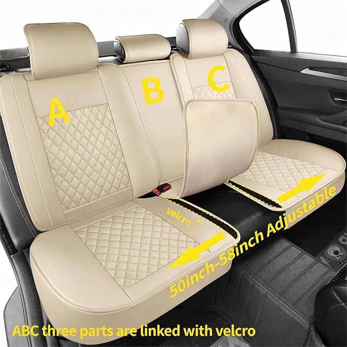Car Seat Covers Full Set,Universal Precision Fit 3D Contoured Automotive Nappa Leather Seat Covers for SUV Truck Sedan,Anti-Slip Seat Cover with Lumbar Support Style2 Light Beige