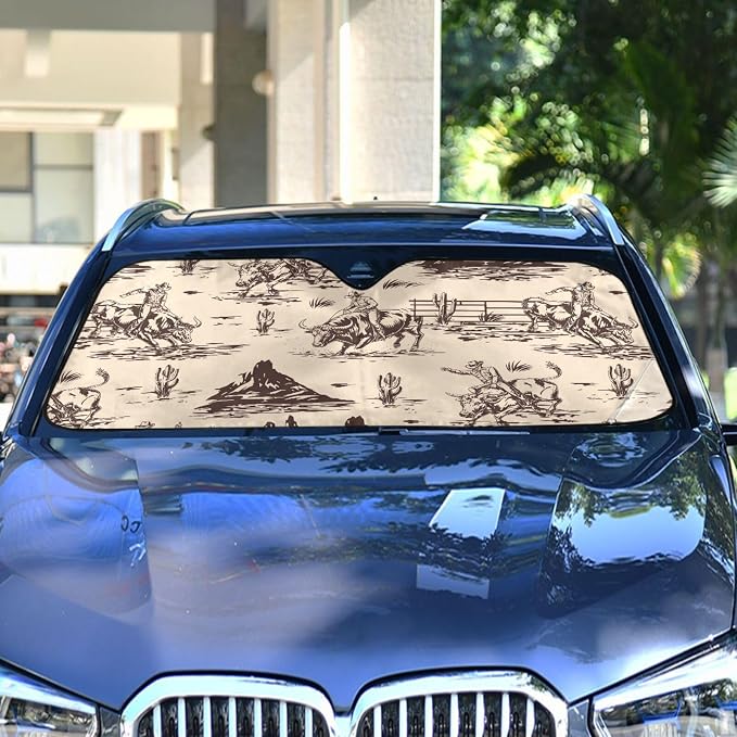 West Cactus Cowboy Windshield Sun Shade for Car Auto SUV Truck Foldable Front Window Sunshade Sun Visor Protector Block UV Rays Reflect Heat, 55" x 28"