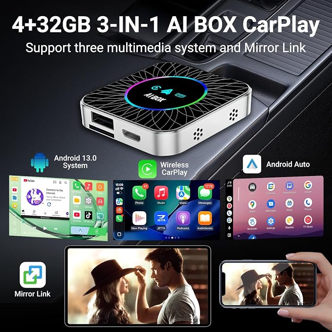 AI Box Carplay, 4+32GB Car Video Box for Netflix/YouTube/TikTok/TF Card & HDMI Output Streaming Magic AI Box Wireless CarPlay Adapter with Ambient Light, Fits for OEM Wired Car Play Cars