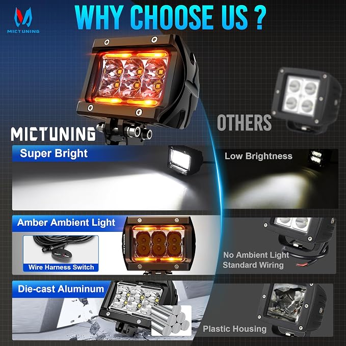 MICTUNING K1 LED Light Pods with Amber DRL 4 Inch, 36W Flood Off Road Lights Super Bright Driving Fog Light 1800LM IP68 Waterproof with Wire Harness for Trucks Motorcycle ATV UTV SUV Car Boat, Pair