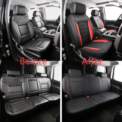 JOJOBAY Chevy Silverado Seat Covers,Leather Seat Covers for GMC Sierra,Custom Fit 2007-2026 1500 2500HD 3500HD Crew Double Extended Regular Cab,LT LZT RST Trail Boss(Full Set,Black Red)