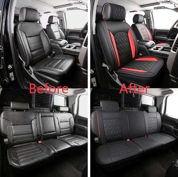 JOJOBAY Chevy Silverado Seat Covers,Leather Seat Covers for GMC Sierra,Custom Fit 2007-2026 1500 2500HD 3500HD Crew Double Extended Regular Cab,LT LZT RST Trail Boss(Front Pair,Black Red)