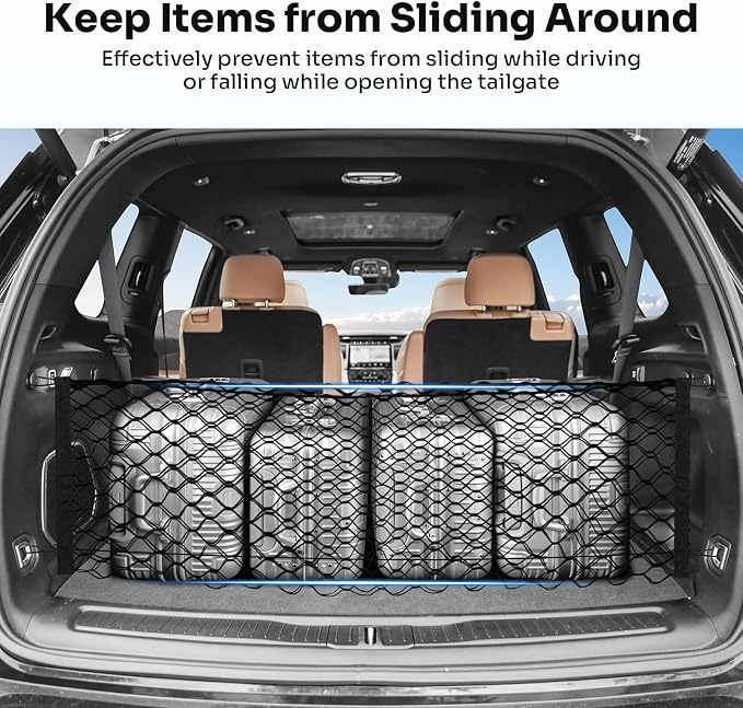 Canvcle Trunk Cargo Net for 2021-2026 Jeep Grand Cherokee L (7 Seats) Accessories Envelope Style Mesh Trunk Net Organizer and Storage Stretchable Adjustable Elastic Nylon Rear Cargo Netting with Hooks