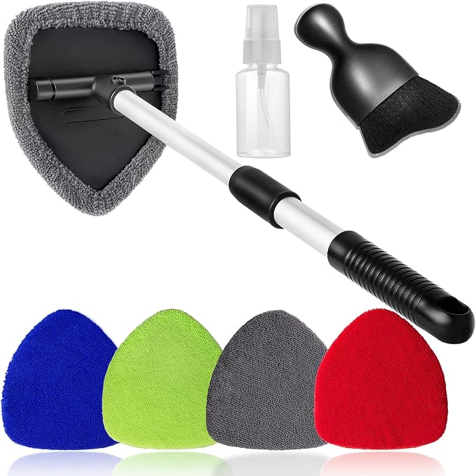 Qydipclin 7pcs Windshield Cleaner Tool Car Window Cleaning Wash Kit with 4 Reusable Microfiber Pads 1 Spray Bottle and Extendable Handle Auto Glass Wiper Kit, Multicolor