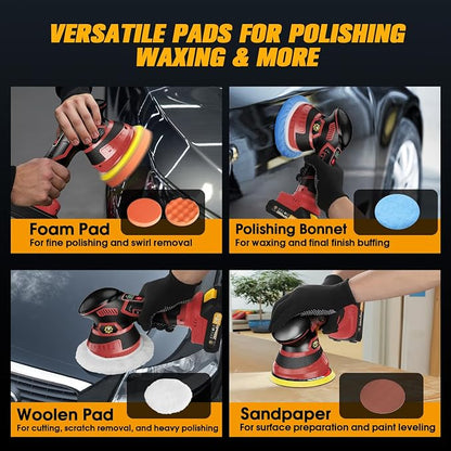 Cordless Car Buffer Polisher kit [2x 2000mAh 21V Batteries & 18 PCS Attachments] 6-Speed Orbital Design, LED Display, Lightweight Detailing Tool for Waxing, Polishing & Scratch Removal-Red