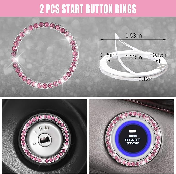 CAR PASS 11 PCS Bling Car Accessories Set for Women, Sparkly Rhinestone Diamond Steering Wheel Cover, Bling Seat Belt Cushion, Shift Knob Cover, Push Start Button Ring, Car Cup Holder Coaster, Pink