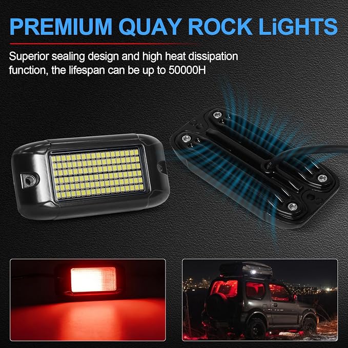 Nicoko 108 High-Power LEDs per Pod 4Pods Red Rock Lights Ultra-Bright Offroad Underglow Kit Advanced Heat Dissipation IP68 Waterproof for Truck, SUV, UTV, ATV, RZR