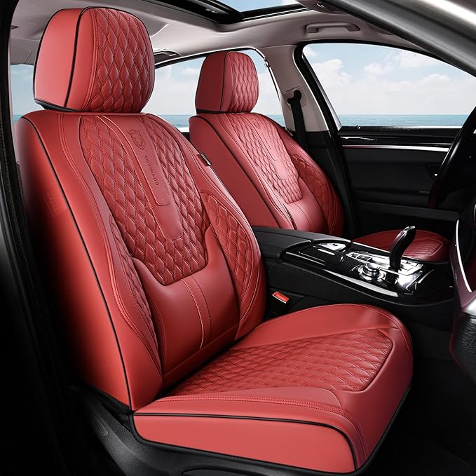 Coverado Full Set Car Seat Covers, Nappa Leather Seat Covers, Waterproof Car Seat Protector with Lumbar Support, Automotive Seat Covers Universal Fit for Most Cars SUV Trucks (FullSet, Red-Blackline)