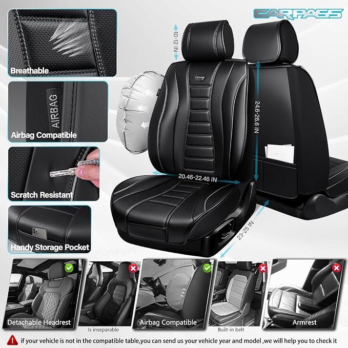 CAR PASS Nappa Leather Seat Covers 2, Waterproof Universal FIT Piping Leather Car seat Covers Front Seats, 3D Foam Front Seat Cover for Cars,SUV,Trucks Airbag Compatible Luxury&Comfort&Durable Black