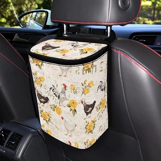Talayituse Rooster Chicken Print Car Trash Can, Rose Letter Portable Auto Garbage Bin Valentine's Day Decor Multifunctional Vehicle Interior Accessories with Adjustable Straps Universal Fit SUV Sedan