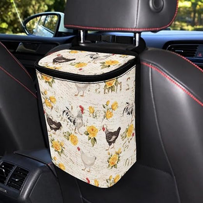 Talayituse Rooster Chicken Print Car Trash Can, Rose Letter Portable Auto Garbage Bin Valentine's Day Decor Multifunctional Vehicle Interior Accessories with Adjustable Straps Universal Fit SUV Sedan