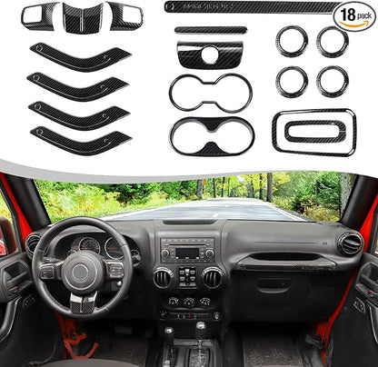 18PCS Full Set Interior Trim Kit for Jeep Wrangler JK JKU 2011-2018 4 Door,Center Console Door Handle Side Outlet Cup Holder Gear Cover Trim (Carbon Fiber)