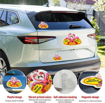 3 Pcs Reflective Student Driver Magnet and Stickers Set - Funny Animal New Driver Safety Signs for Car, Waterproof & Weatherproof High Visibility Vehicle Bumper Decals, Magnet + Stickers (Flamingo)