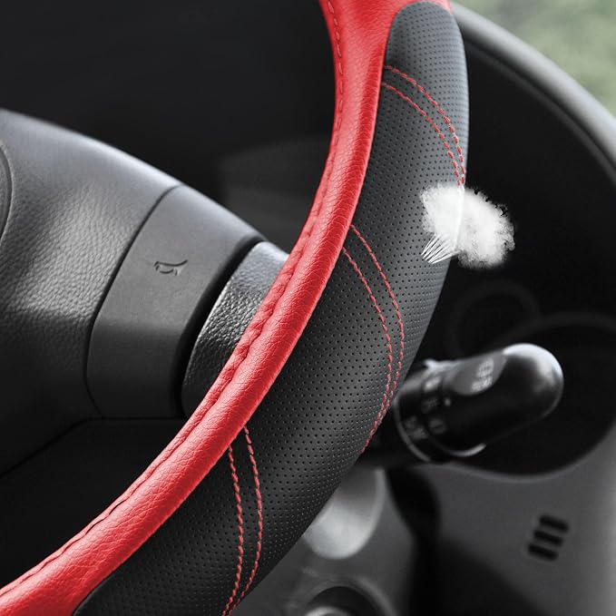 Elantrip Leather Steering Wheel Cover 14 1/2 to 15 inch Universal Padded Soft Grip Breathable for Car Truck SUV Jeep Anti Slip Black and Red