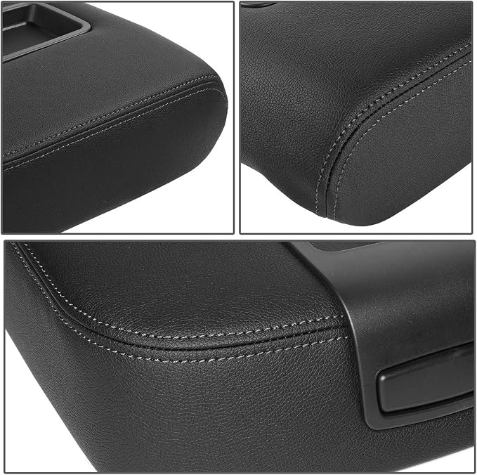 Auto Dynasty Black Leather Center Console Lid Armrest Cover Compatible with 2007-2014 Chevy Avalanche Silverado Tahoe Yukon XL Sierra