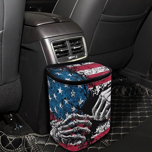 Talayituse Finger Skeleton American Flag Print Car Trash Can Portable Auto Garbage Bin Multifunctional Vehicle Interior Accessories with Adjustable Straps 4th of July Universal Fit Truck SUV Sedan