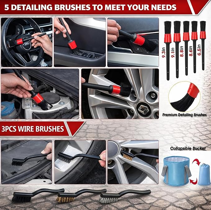 56Pcs Car Wash Cleaning Kit with Foam Gun, Car Wash Brush with Long Handle, Car Detailing Kit, Car Wheel Brush for Car Cleaning Supplies, Adjustable Hose Wash Sprayer-Quick Connector to Any Hose