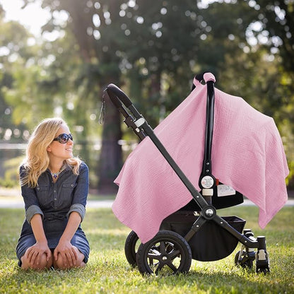 Metplus Muslin Car Seat Cover for Baby Girls, 100% Cotton Breathable Infant Carseat Canopy for Summer, Lightweight Stroller Sunshade Covers (Pale Pink)