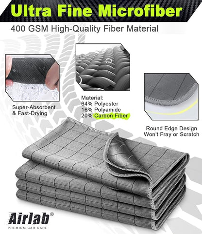 Airlab Carbon Microfiber Towels for Car Drying Window Glass Cleaner Magic Cleaning Cloth Auto Detailing Car Wipes Lint Free Rags Large Towel Interior Detailer, Pack of 4, 20" x 16", Grey