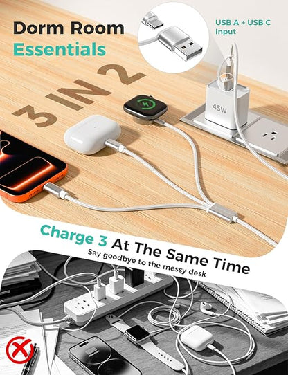 Travel Essentials,3 in 2 USB C Cable for Apple Watch Charger,iPhone Charger,Multi Charging Cable,Cruise Vacation Camping Essentials,Portable for iWatch Series 11-2/Ultra/SE & iPhone 17-12,Car,White