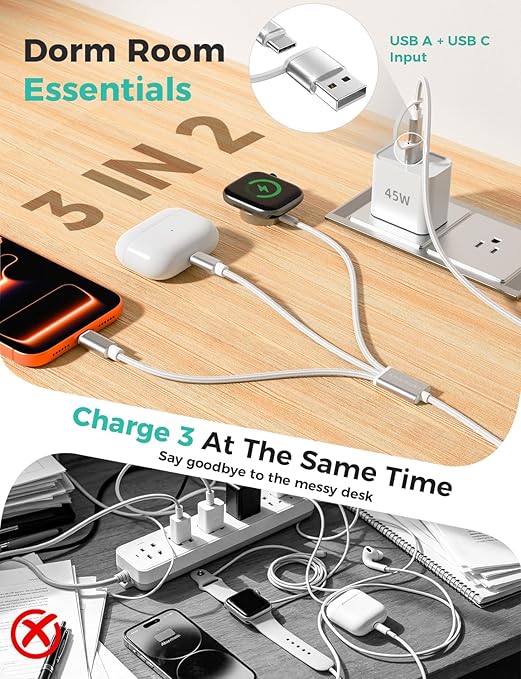 Travel Essentials,3 in 2 USB C Cable for Apple Watch Charger,iPhone Charger,Multi Charging Cable,Cruise Vacation Camping Essentials,Portable for iWatch Series 11-2/Ultra/SE & iPhone 17-12,Car,White