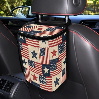 Talayituse American Flag Star Print Car Trash Can Portable Auto Garbage Bin Multifunctional Vehicle Interior Accessories with Adjustable Straps 4th of July Decor Universal Fit Truck SUV Sedan