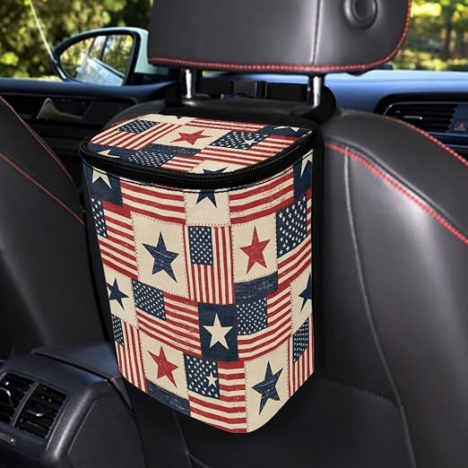 Talayituse American Flag Star Print Car Trash Can Portable Auto Garbage Bin Multifunctional Vehicle Interior Accessories with Adjustable Straps 4th of July Decor Universal Fit Truck SUV Sedan