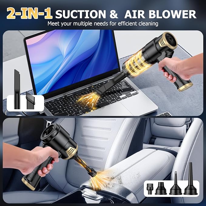 JONYJ Handheld Car Vacuum Cleaner Cordless, 16000PA Hand Held Vacuum Portable, 2 in 1 Air Duster and Mini Vacuum Cleaner Rechargeable with LED, Multi-Nozzles & Washable Filters for Home Office Car Pet