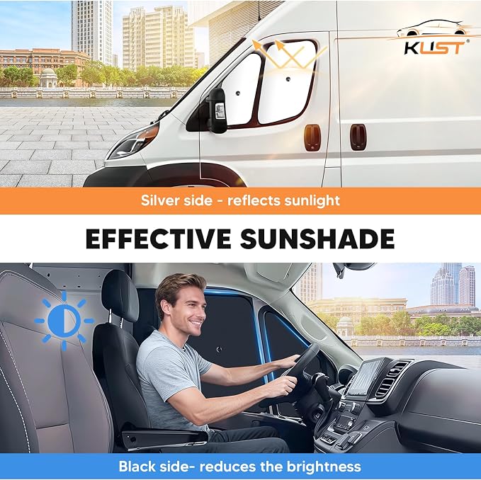 KUST 4-Pack Side Window Sun Shade for 2014-2025 Dodge RAM ProMaster 1500 2500 3500, Interior Accessories Cargo Van Sunshade Full Coverage Window Shades Silver & Black, Sun Shield Blocks UV Rays Heat