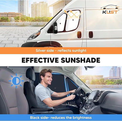 KUST 4-Pack Side Window Sun Shade for 2014-2025 Dodge RAM ProMaster 1500 2500 3500, Interior Accessories Cargo Van Sunshade Full Coverage Window Shades Silver & Black, Sun Shield Blocks UV Rays Heat
