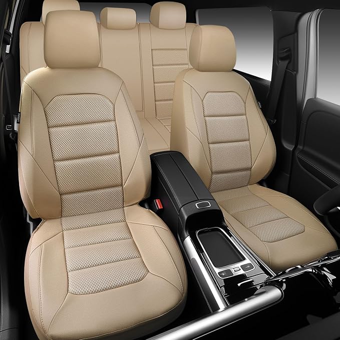 CAR PASS Memory 3D Foam Car Seat Covers Full Set, Breathable Mesh Thick Seat Covers for Cars,Beige Leather Seat Covers,Airbag Compatible Universal Automotive Comfort for SUVs Trucks SUV, All Beige