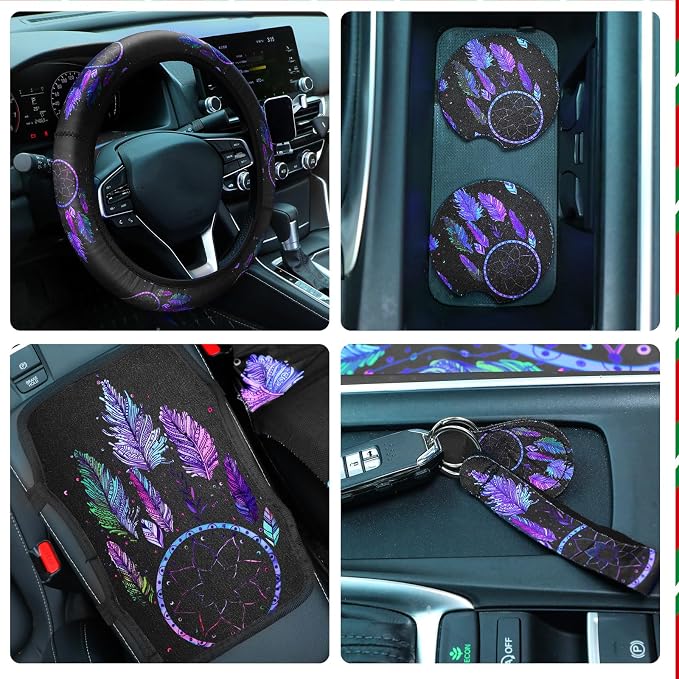 Tallew 10 Pcs Dreamcatcher Design Car Seat Covers Full Set, Front Cover, Steering Wheel Belt Pads, Center Console Armrest, Cup Holder Coasters, Keychain, Keyring for Auto Suvs Trucks Vans