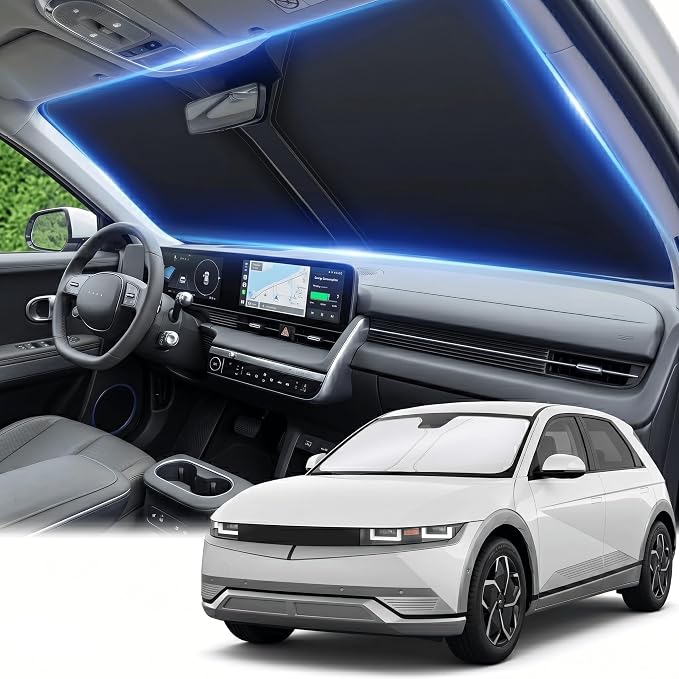 Windshield Sun Shade for Hyundai Ioniq 5 2020-2024 2025 2026 -Front Window Shade Custom Fit Ioniq 5 Accessories Sun Visor Foldable Shade Blocks UV Rays Summer Must Have Car Accessories