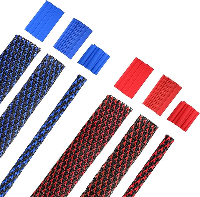 Xuniea 96ft Wire Loom Braided Cable Sleeve Covers Cord Management with 127 Pcs Tube Heat Shrinkable for Audio Video Cable Cord Protectors from Pets(1/2, 1/4, 3/8 Inch,Red, Blue and Black)