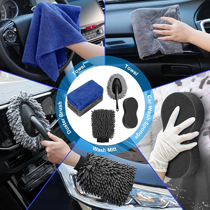 43Pcs Car Wash Detailing Kit Cleaning Kits with Foam Gun Sprayer Long Handle Mop Car Vacuum Drill Brush Large Wash Mitt Towels Complete Interior Exterior Car Washing Supply Set Blue