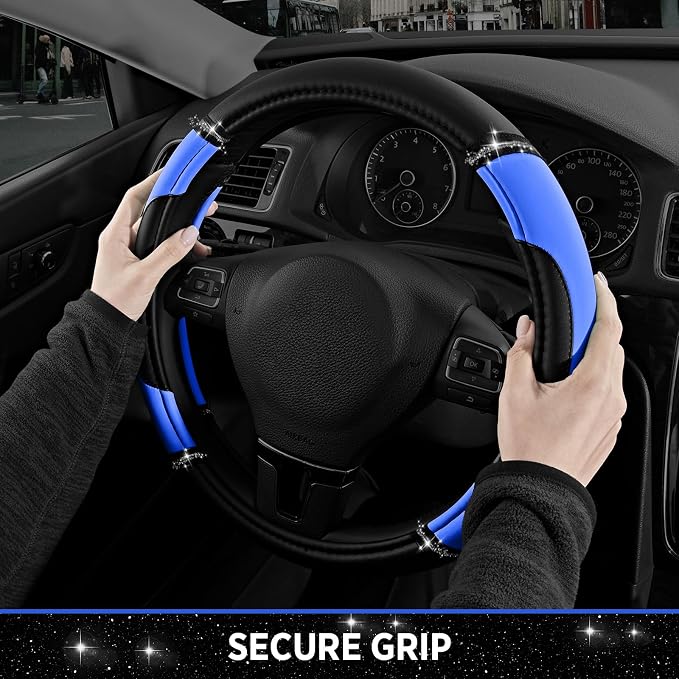 Road Comforts Leather Steering Wheel Cover - Made with PVC Leather - Anti-Slip, Universal Fit 14 1/2 inches to 15 inches - Blue