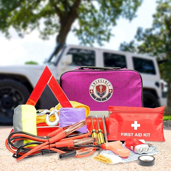 Roadside Assistance Emergency Car Kit - First Aid Kit, Jumper Cables, Tow Strap, led Flash Light, Rain Coat, Tire Pressure Gauge, Safety Vest and More Ideal Winter Accessory for Your Car (Pink)